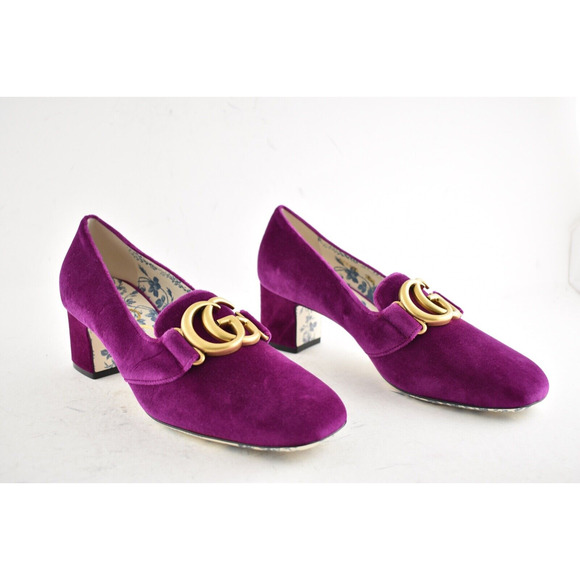 Gucci Victoire Fucsia Velvet Double GG Logo Block Mid Heel Mule Loafer Pump 36.5 - Picture 4 of 13